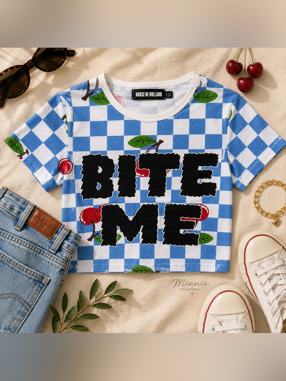🍒 RARE• House of Holland Bite ME Cherry Shrunken T-Shirt • Blue Multi • US 4